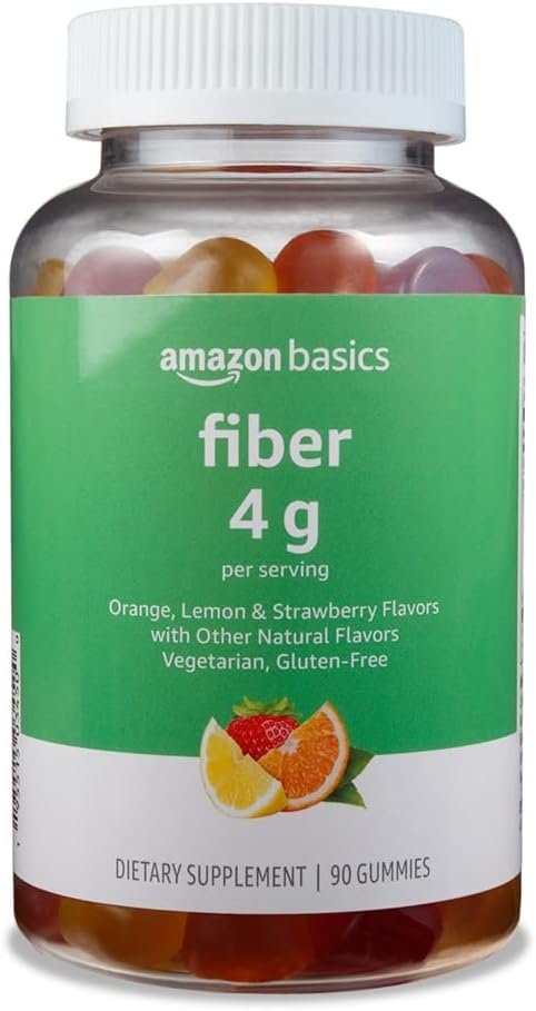 Amazon Basics (previously Solimo) Fiber 4g Gummy - Digestive Health, Supports Regularity, Orange, Lemon & Strawberry, 90 Gummies (2 per Serving) Amazon Basics (previously Solimo) Fiber 4g Gummy - Digestive Health, Supports Regularity, Orange, Lemon & Strawberry, 90 Gummies (2 per Serving)