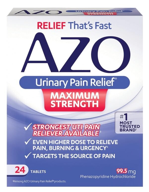 AZO Urinary Pain Relief Maximum Strength, FSA/HSA Eligible, Fast relief of UTI Pain, Burning & Urgency, Targets Source of Pain, #1 Most Trusted Brand, 24 Tablets AZO Urinary Pain Relief Maximum Strength, FSA/HSA Eligible, Fast relief of UTI Pain, Burning & Urgency, Targets Source of Pain, #1 Most Trusted Brand, 24 Tablets