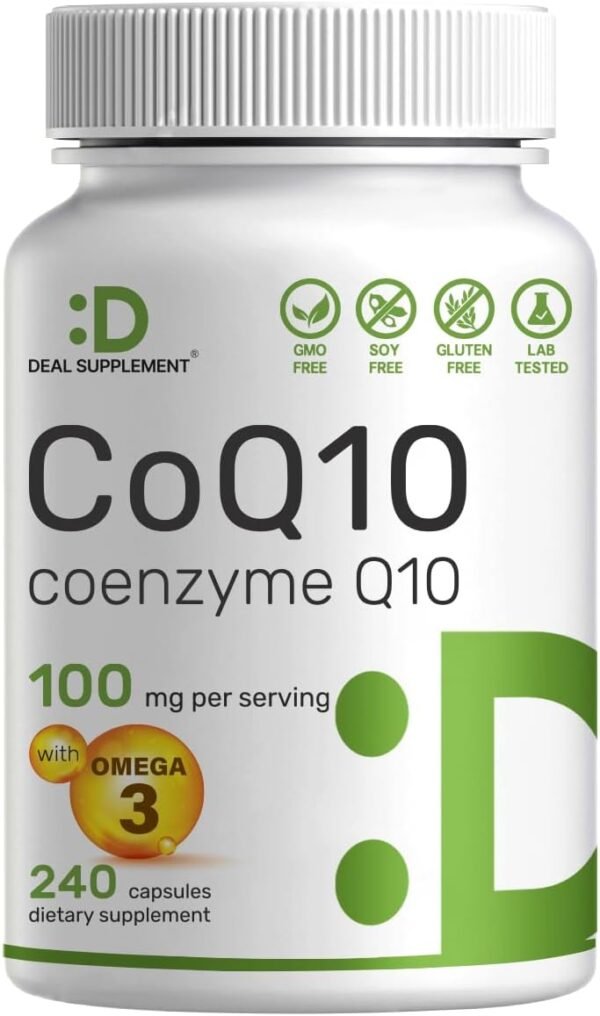 CoQ10 100mg, 240 Capsules – with Omega 3 Fatty Acid 100mg – Bioavailable Coenzyme Q10 Supplements – Heart, Energy, & Brain Health Antioxidant Support – Non-GMO CoQ10 100mg, 240 Capsules – with Omega 3 Fatty Acid 100mg – Bioavailable Coenzyme Q10 Supplements – Heart, Energy, & Brain Health Antioxidant Support – Non-GMO