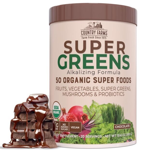 COUNTRY FARMS Organic Super Greens Chocolate Flavor, 50 Organic Super Foods, USDA Organic Drink Mix, Packed with Fiber, Fruits, Vegetables, Mushrooms & Probiotics, Supports... COUNTRY FARMS Organic Super Greens Chocolate Flavor, 50 Organic Super Foods, USDA Organic Drink Mix, Packed with Fiber, Fruits, Vegetables, Mushrooms & Probiotics, Supports...