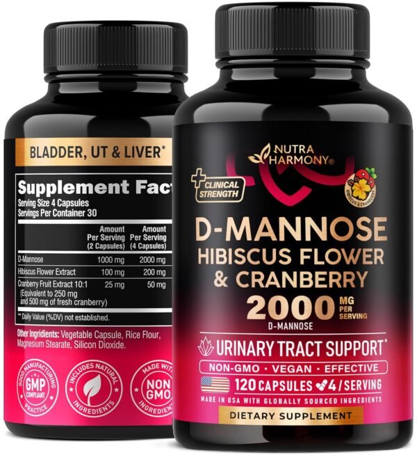 D-Mannose 2000mg with Cranberry 500mg & Hibiscus - Clinically Tested Strength for Urinary Tract Health - Supplement for Women - Bladder, Liver & Microflora Support - Made in USA...