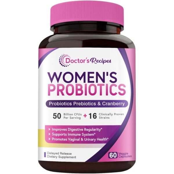 Doctor's Recipes Women’s Probiotic, 60 Caps 50 Billion CFU 16 Strains, with Organic Cranberry, Digestive Immune Vaginal & Urinary Health, Shelf Stable, Delayed Release, No Soy...