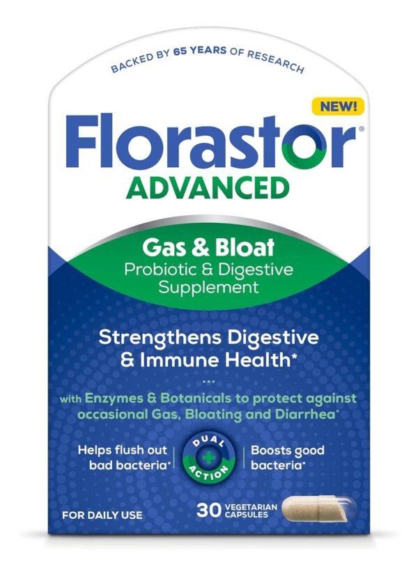 Florastor Advanced Gas and Bloat Probiotic, Digestive Enzymes and Botanicals, Plus Probiotics for Digestive Health, 30 Capsules Florastor Advanced Gas and Bloat Probiotic, Digestive Enzymes and Botanicals, Plus Probiotics for Digestive Health, 30 Capsules