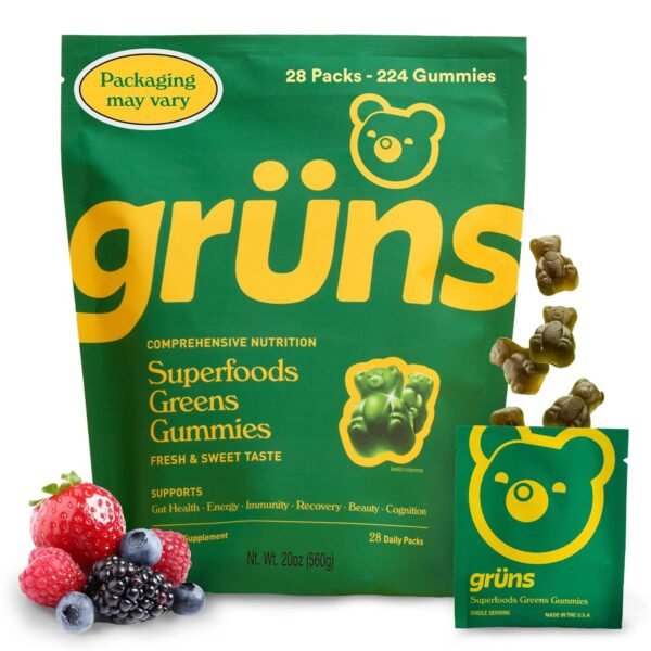 Gruns Adults Super Greens Gummies, Superfood Gummy Bears with Spirulina, Chlorella, Prebiotic & Fiber for Digestive Health, Adaptogens Supplement with 20 Vitamins & Minerals,...