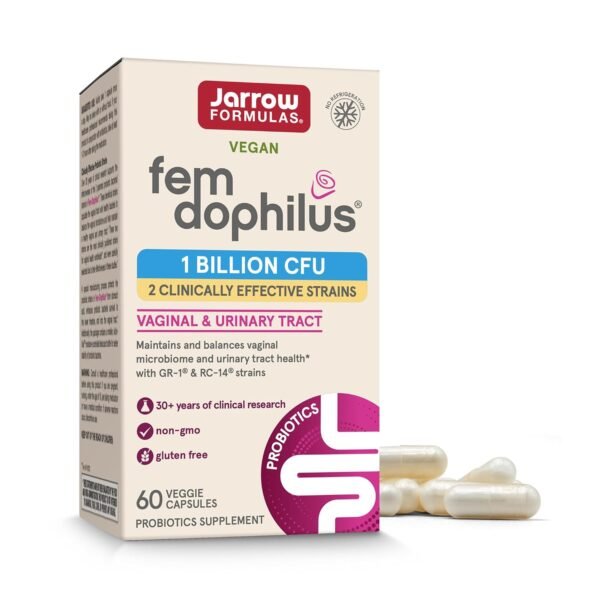 Jarrow Formulas Fem-Dophilus Probiotics 1 Billion CFU With 2 Clinically Effective Strains, Dietary Supplement for Vaginal Health and Urinary Tract Health, 60 Veggie Capsules, 60... Jarrow Formulas Fem-Dophilus Probiotics 1 Billion CFU With 2 Clinically Effective Strains, Dietary Supplement for Vaginal Health and Urinary Tract Health, 60 Veggie Capsules, 60...