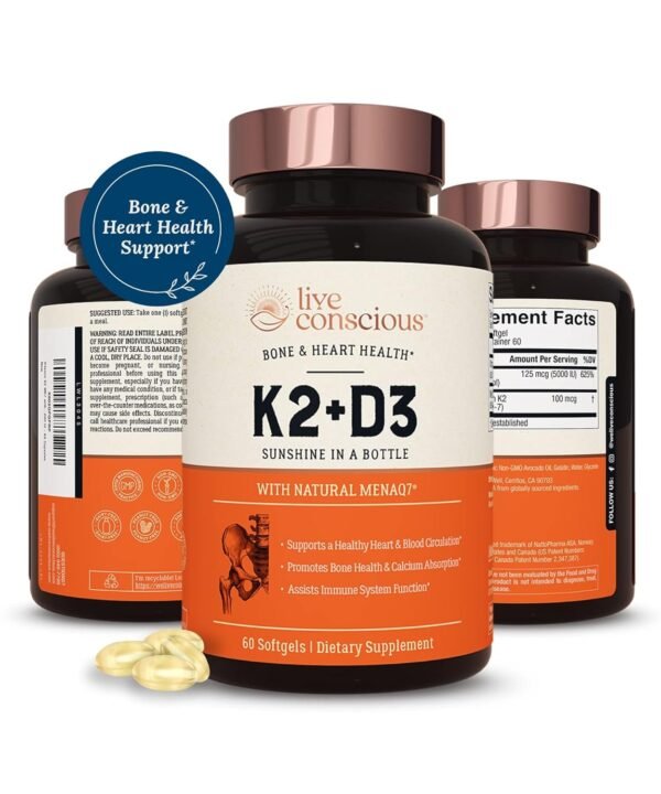 Live Conscious Vitamin K2 MK7 with D3 Supplement | Bone & Heart Health Support - Patented Vitamin K & Vitamin D3 5000 IU - 60 Softgels Live Conscious Vitamin K2 MK7 with D3 Supplement | Bone & Heart Health Support - Patented Vitamin K & Vitamin D3 5000 IU - 60 Softgels