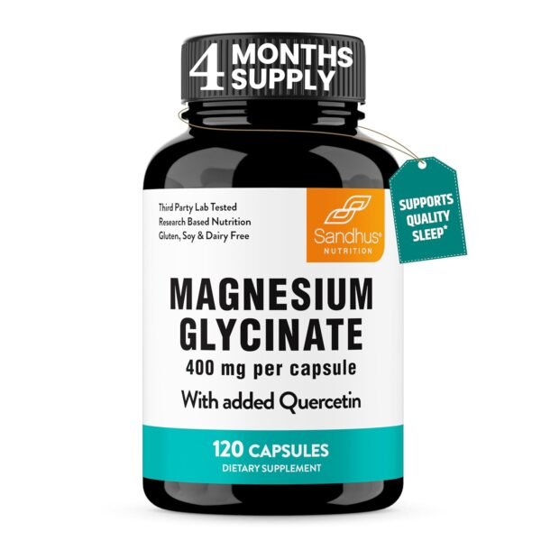 Magnesium Glycinate 400mg Capsules with Quercetin | Quality Sleep, Relaxation, Muscle, Bone Health & Immune Support | 120 Count | Easy to Swallow | for Women and Men Magnesium Glycinate 400mg Capsules with Quercetin | Quality Sleep, Relaxation, Muscle, Bone Health & Immune Support | 120 Count | Easy to Swallow | for Women and Men