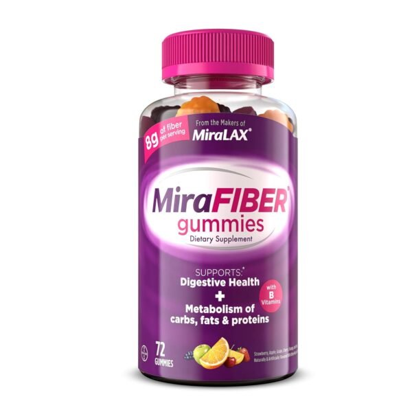 MiraFIBER Gummies, From The Gut Experts at MiraLAX, 8g of Daily Prebiotic Fiber with B Vitamins to Support Digestive Health and Metabolism, Fruit Flavored Fiber Gummies, 72 Count MiraFIBER Gummies, From The Gut Experts at MiraLAX, 8g of Daily Prebiotic Fiber with B Vitamins to Support Digestive Health and Metabolism, Fruit Flavored Fiber Gummies, 72 Count