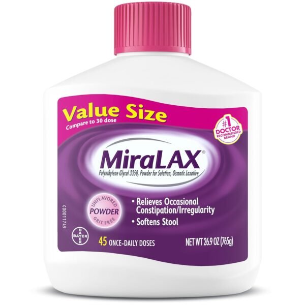 MiraLAX Gentle Constipation Relief Laxative Powder, Stool Softener with PEG 3350, Works Naturally with Water in Your Body, No Harsh Side Effects, Osmotic Laxative, 45 Dose MiraLAX Gentle Constipation Relief Laxative Powder, Stool Softener with PEG 3350, Works Naturally with Water in Your Body, No Harsh Side Effects, Osmotic Laxative, 45 Dose