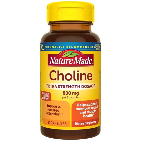 Nature Made Extra Strength Dosage Choline Supplements 800 Mg Per 3 Capsules, Brain Health, Mood, Muscle & Liver Support, Vegetarian, 60 Capsules, 20 Day Supply Nature Made Extra Strength Dosage Choline Supplements 800 Mg Per 3 Capsules, Brain Health, Mood, Muscle & Liver Support, Vegetarian, 60 Capsules, 20 Day Supply