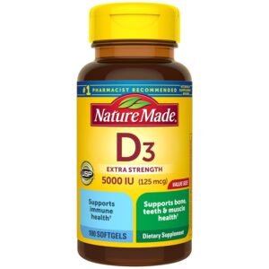 Nature Made Extra Strength Vitamin D3 5000 IU (125 mcg), Dietary Supplement for Bone, Teeth, Muscle and Immune Health Support, 180 Softgels, 180 Day Supply Nature Made Extra Strength Vitamin D3 5000 IU (125 mcg), Dietary Supplement for Bone, Teeth, Muscle and Immune Health Support, 180 Softgels, 180 Day Supply