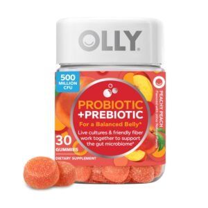 OLLY Probiotic + Prebiotic Gummy, Digestive Support and Gut Health, 500 Million CFUs, Fiber, Adult Chewable Supplement for Men and Women, Peach, 30 Day Supply - 30 Count OLLY Probiotic + Prebiotic Gummy, Digestive Support and Gut Health, 500 Million CFUs, Fiber, Adult Chewable Supplement for Men and Women, Peach, 30 Day Supply - 30 Count