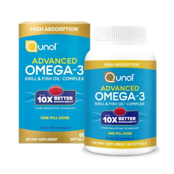 Qunol Advanced Omega 3 Krill and Fish Oil Complex, 10x Better Bioavailability, One Pill Dose, 250mg EPA & DHA, Supports Brain, Eye, Heart and Joint Health, 60 Count Qunol Advanced Omega 3 Krill and Fish Oil Complex, 10x Better Bioavailability, One Pill Dose, 250mg EPA & DHA, Supports Brain, Eye, Heart and Joint Health, 60 Count
