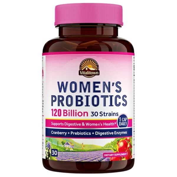 Vitalitown Probiotics for Women 120 Billion CFUs, 30 Strains, with Prebiotics & Digestive Enzymes & Cranberry, Gut & Vaginal Health, Vegan 30 Delayed Release Caps Vitalitown Probiotics for Women 120 Billion CFUs, 30 Strains, with Prebiotics & Digestive Enzymes & Cranberry, Gut & Vaginal Health, Vegan 30 Delayed Release Caps