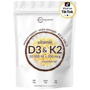 Vitamin D3 10000 iu Plus K2 (MK-7) 200 mcg, 300 Virgin Coconut Oil Softgels| 2 in 1 Vitamins D & K Complex | Supports Calcium Absorption, Bone, Immune, & Heart Health – Easy to... Vitamin D3 10000 iu Plus K2 (MK-7) 200 mcg, 300 Virgin Coconut Oil Softgels| 2 in 1 Vitamins D & K Complex | Supports Calcium Absorption, Bone, Immune, & Heart Health – Easy to...